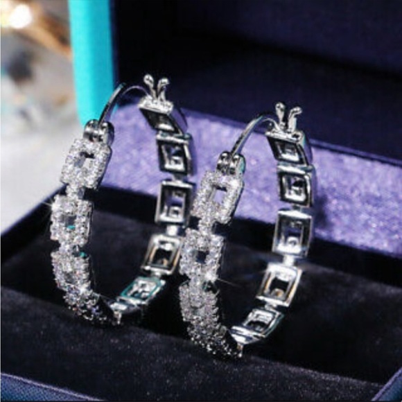 New Luxury Sterling silver diamond hoop earrings - Picture 2 of 6